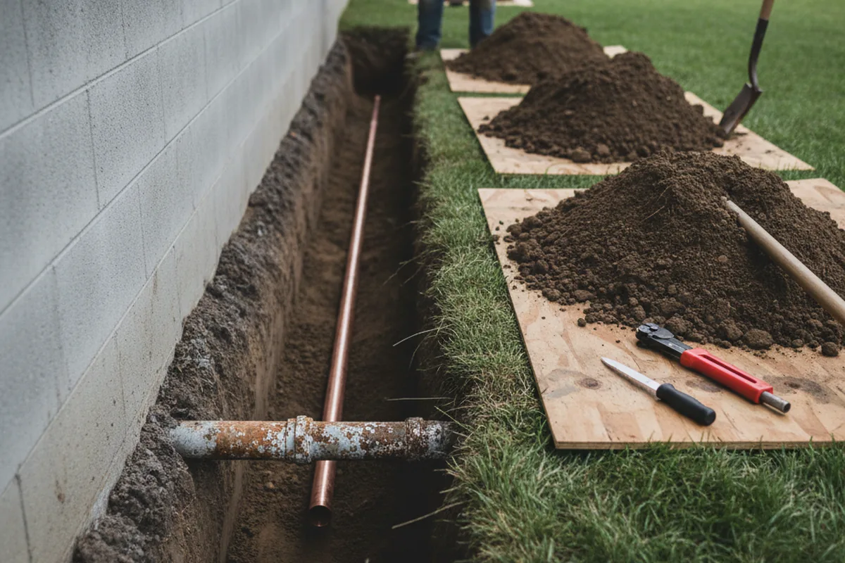 Excavated water line trench during Sewer Line Repair in Greentown